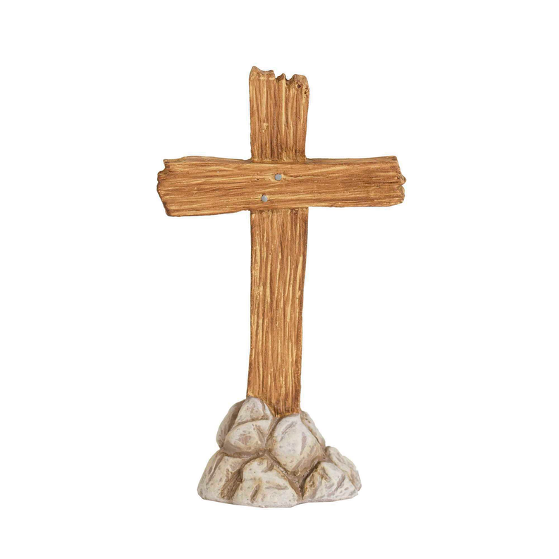 Wooden cross ornament with carved detail and stone base