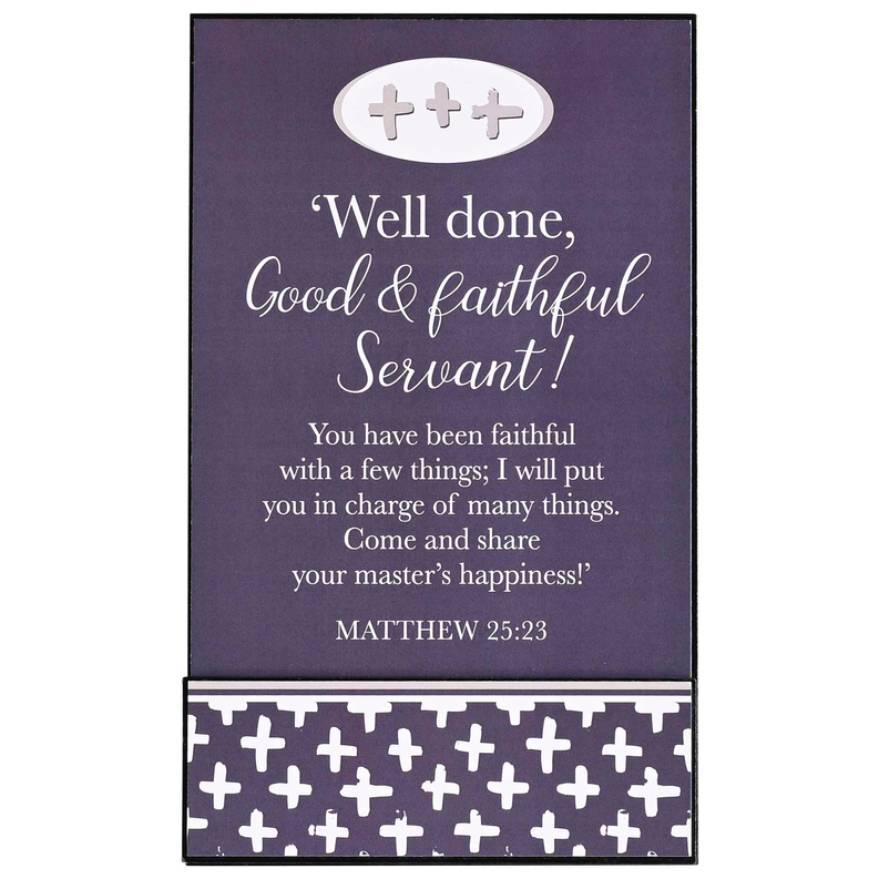 Stacked wall plaque front with white cross pattern base and 'Well done' text