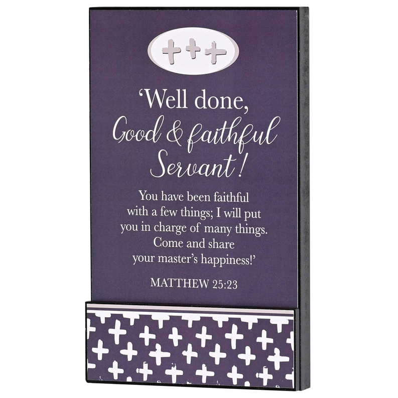Stacked wall plaque with purple text 'Well done' and white cross emblem, verse Matthew 25:23