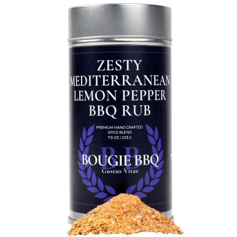 Zesty Mediterranean Lemon Pepper BBQ rub jar with orange spice blend pile and dark blue label