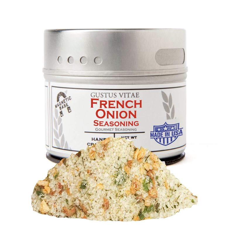 French Onion seasoning jar with beige spice blend pile and off-white label
