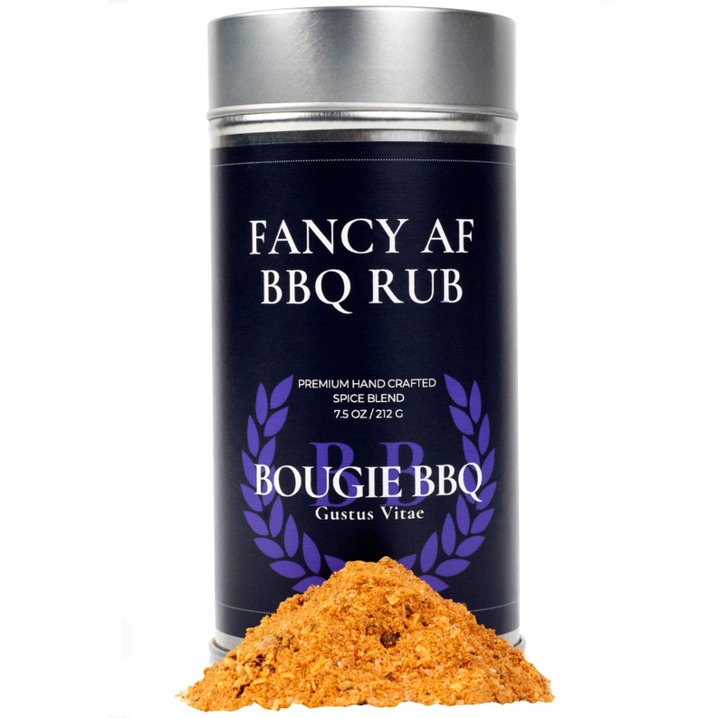 Fancy AF BBQ rub jar with orange spice blend pile and dark blue label
