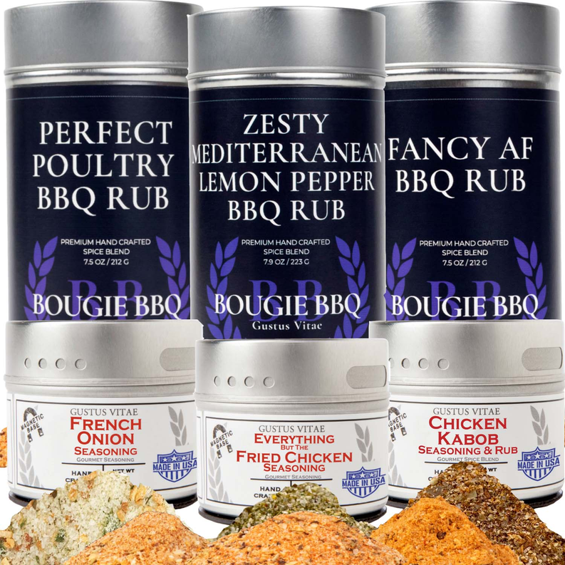 Six BBQ rub seasoning jars with visible spice piles, assorted labels for poultry flavors