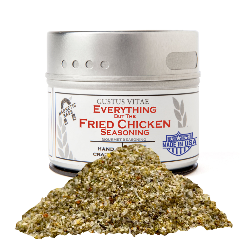Everything Fried Chicken seasoning jar with greenish seasoning pile and off-white label