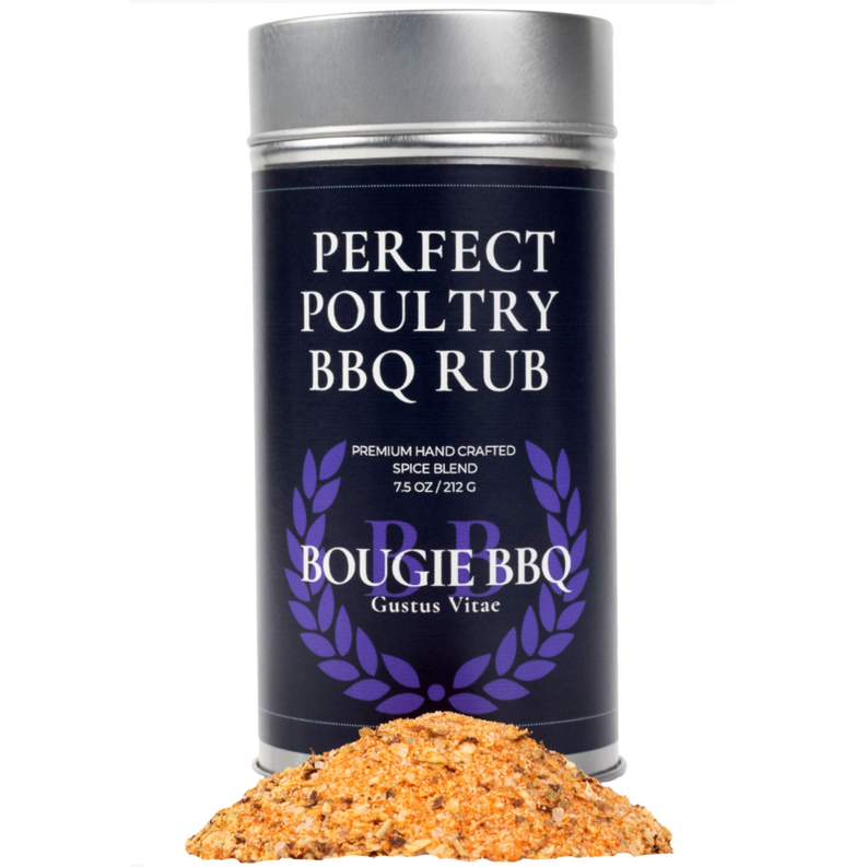 Perfect Poultry BBQ rub jar with orange spice blend pile and dark blue label