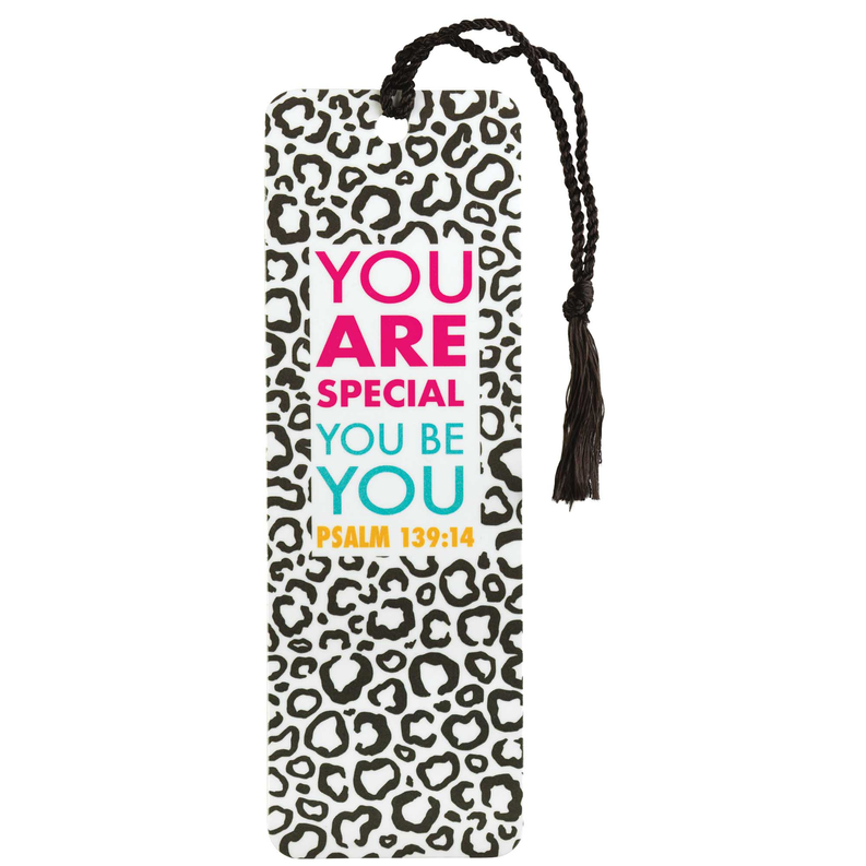 Leopard print tassel bookmark with 'You are special, you be you' message