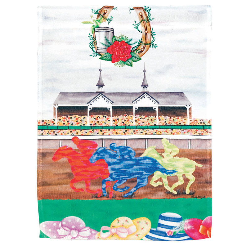 Polyester derby-style flag mat with stable illustration, colorful horse silhouettes, and balloons