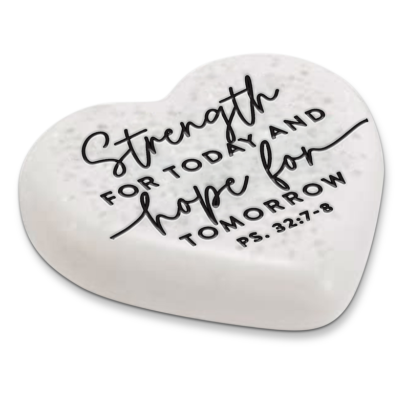 Heart-shaped scripture stone with black script: Strength for today, hope for tomorrow