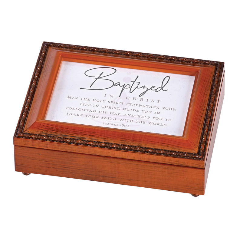 Wooden music box with 'Baptized in Christ' scripture text on glass lid
