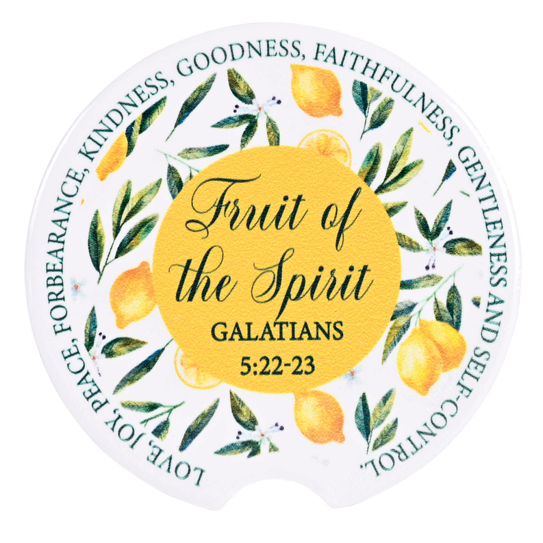 Car coaster set, circular "Fruit of the Spirit" print with Galatians 5:22-23 text (2-pack)