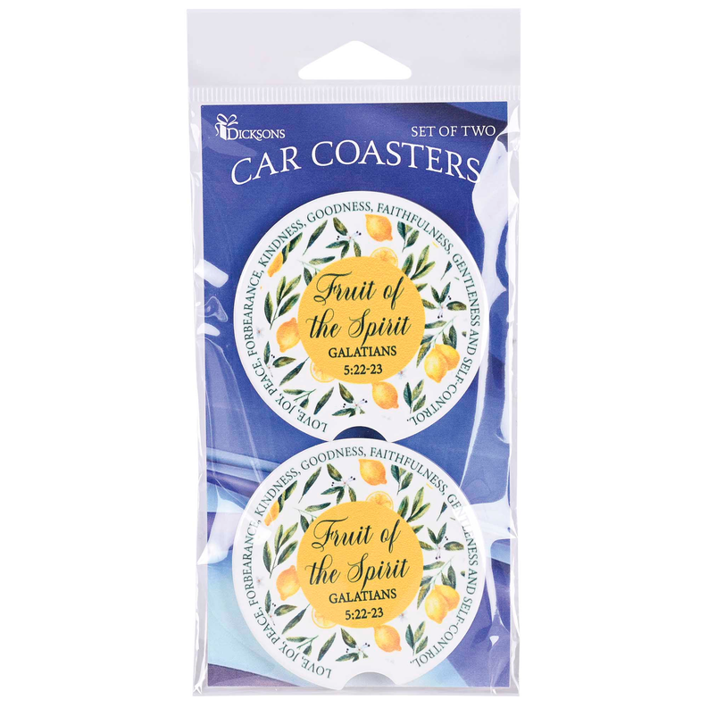 Car coasters set in package: two circular "Fruit of the Spirit" designs, Galatians 5:22-23