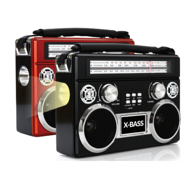 Red portable 3-band radio with dual speakers, black handle and LED radio display