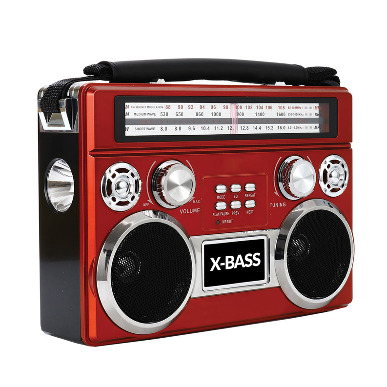 Red portable 3-band radio with front controls, dual speakers, X-BASS panel