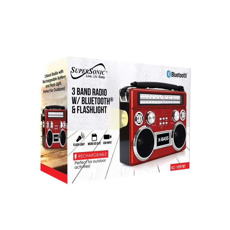 Retail box for red 3-band radio with Bluetooth and flashlight; front view of radio