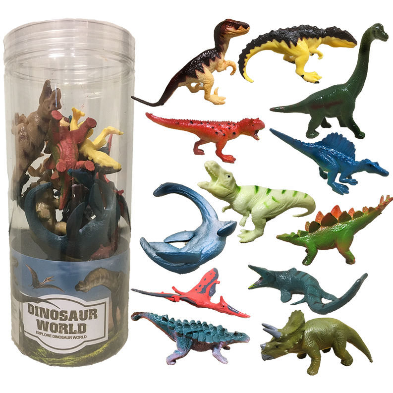 Dinosaur figurine assortment in clear container with colorful dinosaur pieces outside
