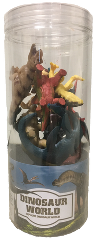 Dinosaur figurine assortment in clear container with stacked dinosaur figures inside