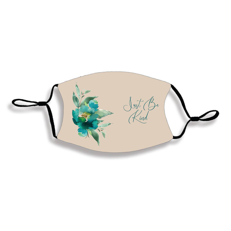 Beige floral face mask with teal flowers, 'Just Be Kind' text, black tie ear loops