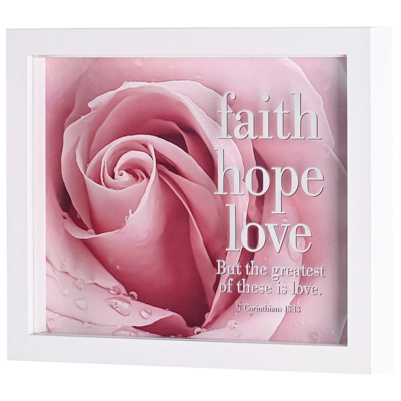White framed rose artwork with faith, hope, love text and Bible quote