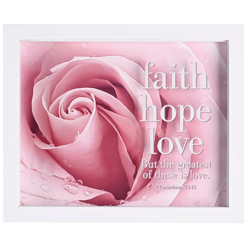 White framed rose artwork with faith, hope, love and quote beneath