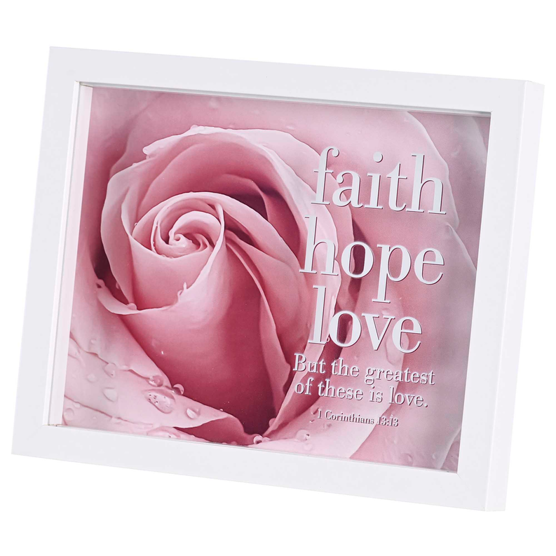 White framed rose artwork with faith, hope, love overlay and quote text