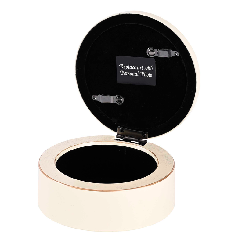 Keepsake box with hinged lid open, black interior, beige exterior and metal clasps