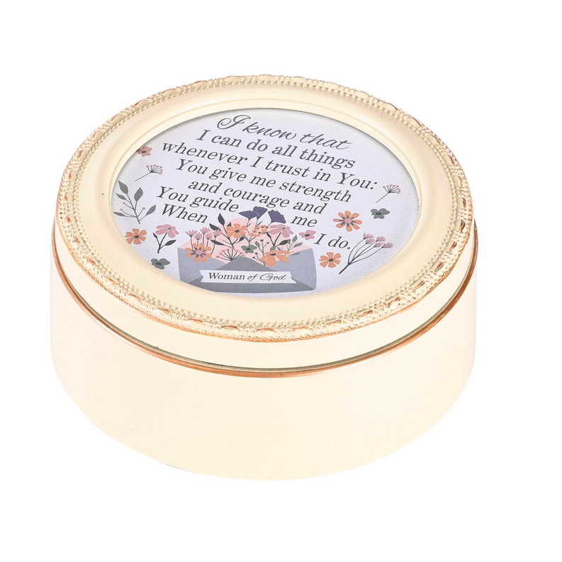 Round cream keepsake box with gold beaded lid and floral scripture card top