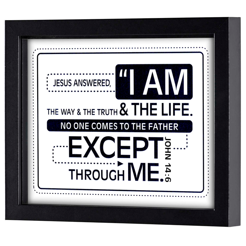 Framed wall art featuring “EXCEPT” and “THROUGH ME” scripture text in dark lettering