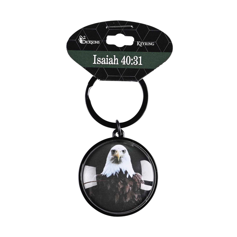 Round bald eagle keyring with dangling pendant and Isaiah 40:31 text