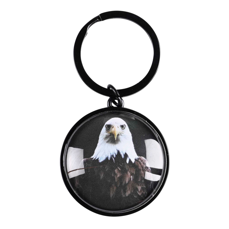 Round bald eagle photo keyring with black metal loop and clasp