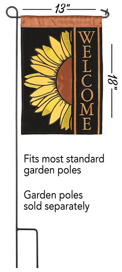 Sunflower Welcome garden flag on black fabric with brown header and hanging grommets