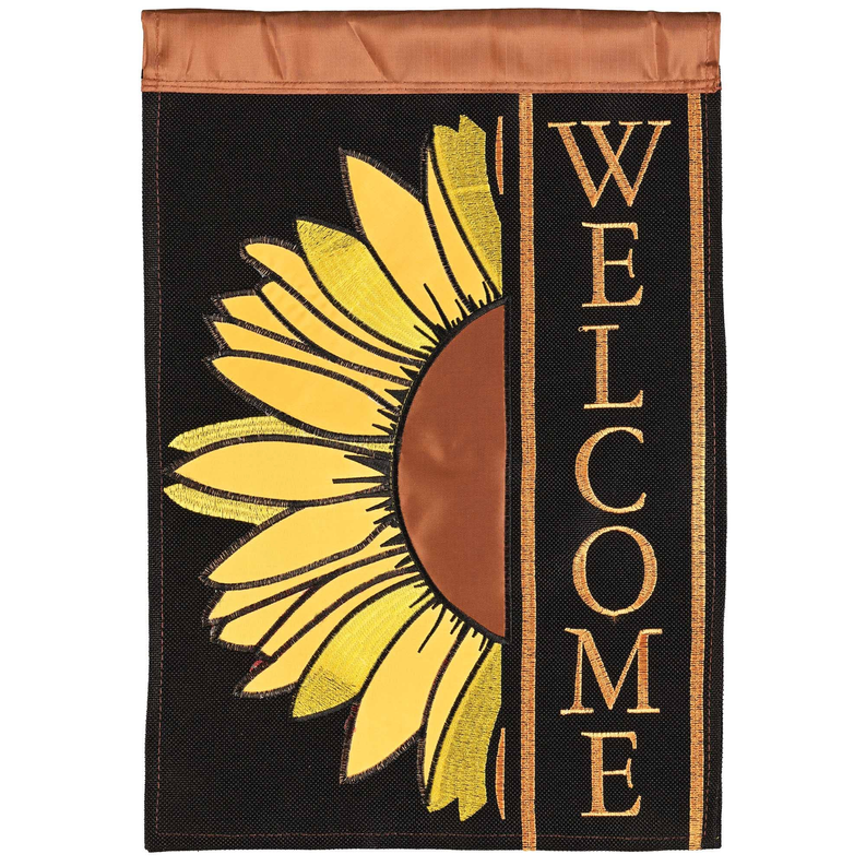 Sunflower Welcome garden flag, black polyester with vertical "WELCOME" stripe