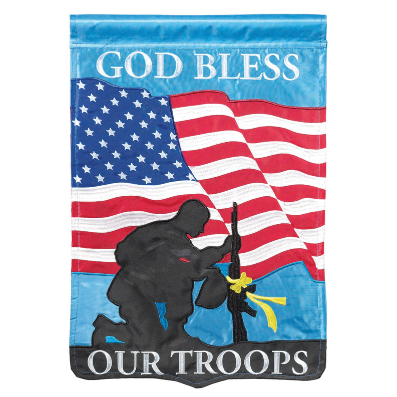 Garden flag: stars-and-stripes, soldier holding rifle, God Bless Our Troops text