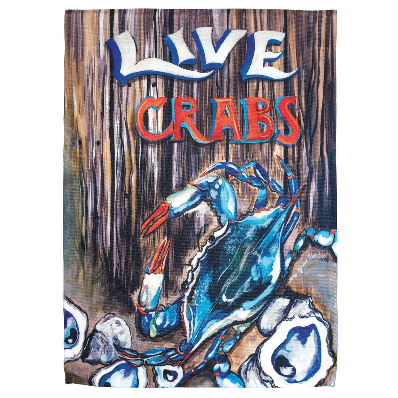 Square poly fabric cloth with 'LIVE CRABS' crab print, blue and white