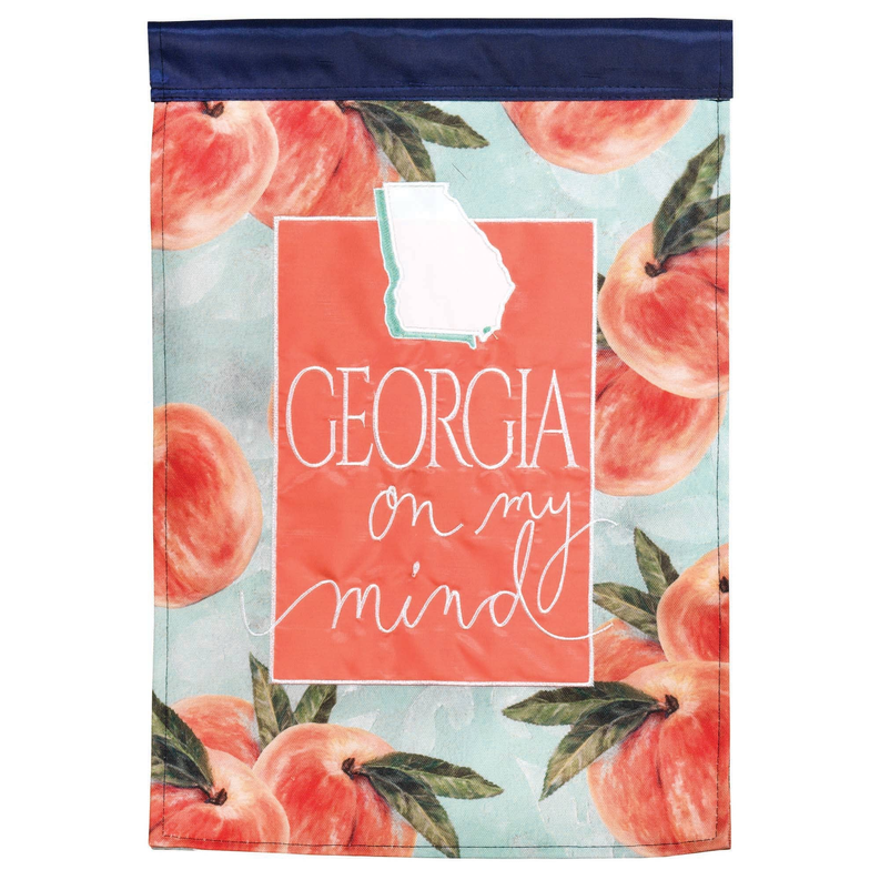Georgia applique flag with peach fruit print, Georgia outline and 'in my mind' text