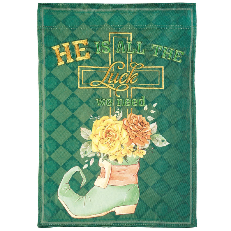 Green polyester decorative flag with diamond pattern, gold text and bouquet illustration