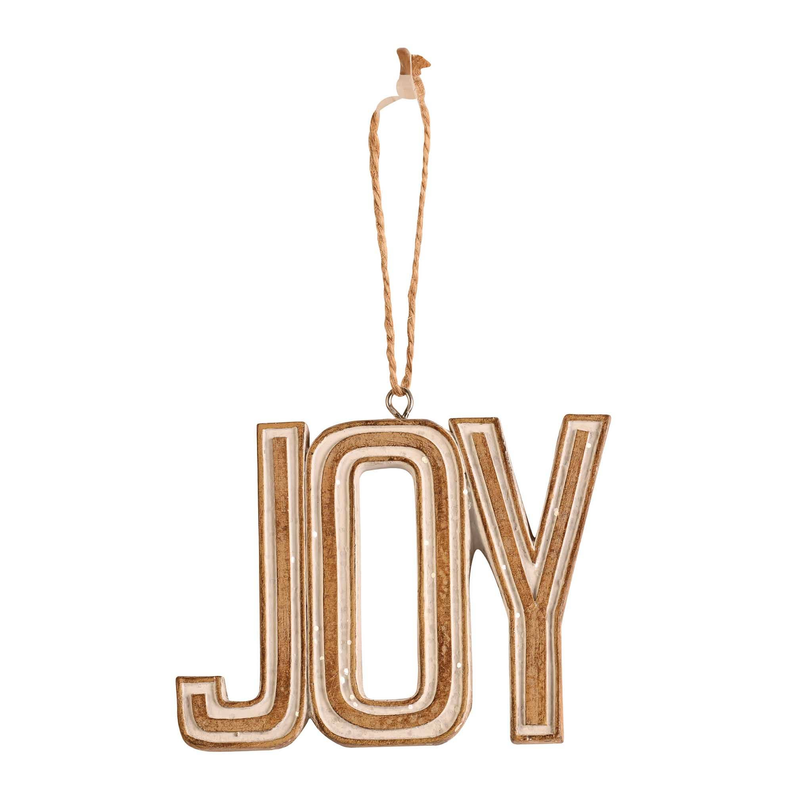 JOY resin Christmas ornament, tan/gold layered letter shape with hanging loop
