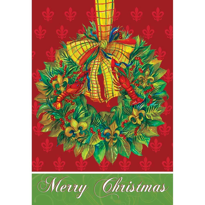 Louisiana wreath flag with bright ornament wreath and Merry Christmas text