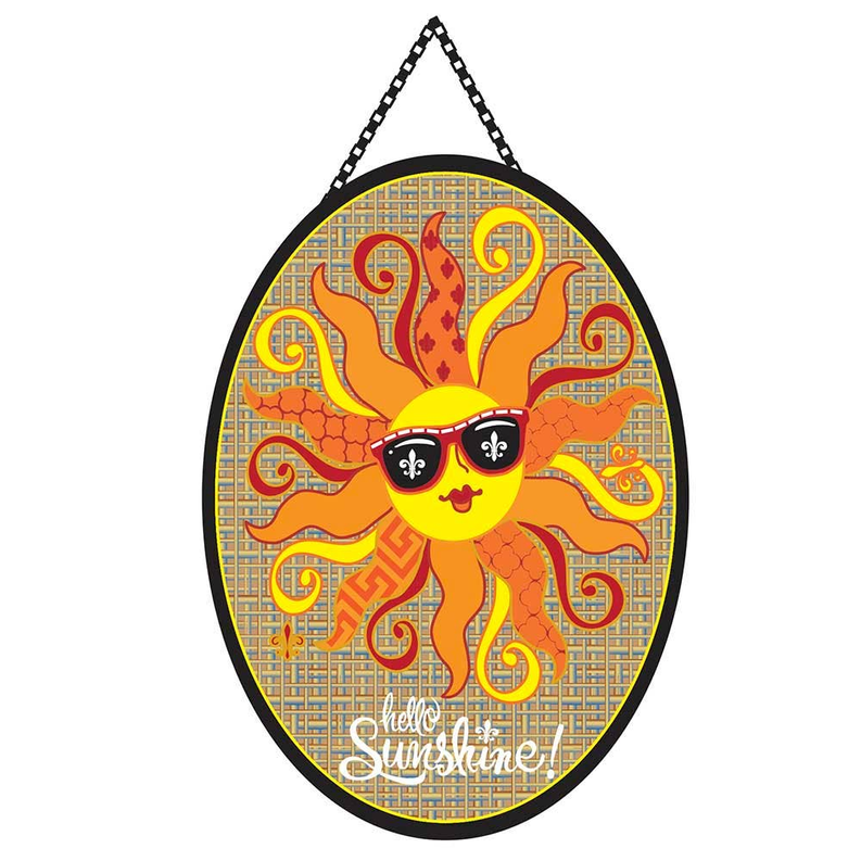 Door banner in teardrop shape with smiling sun wearing sunglasses and “Hello Sunshine!”