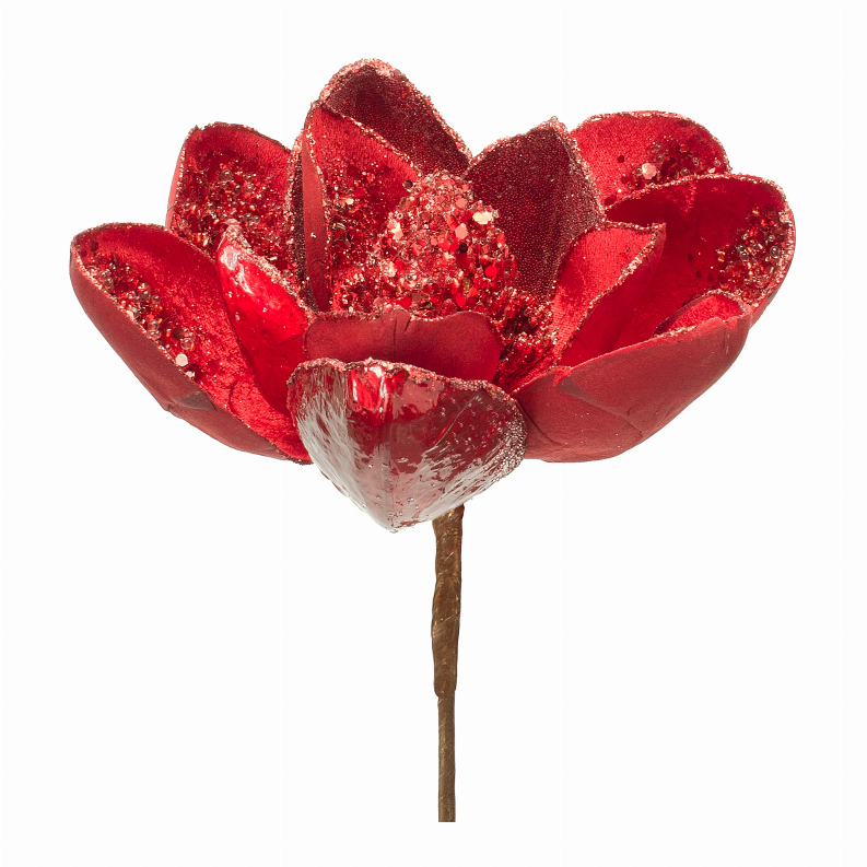 Red velvet magnolia stem with glittery layered petals, attached to brown stem