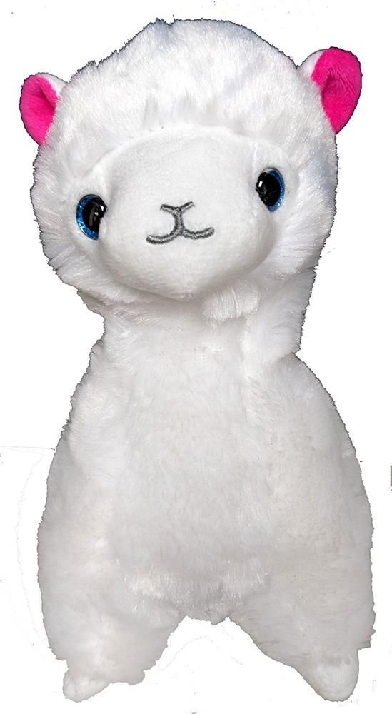 White plush llama with pink ears, blue eyes, and stitched smile