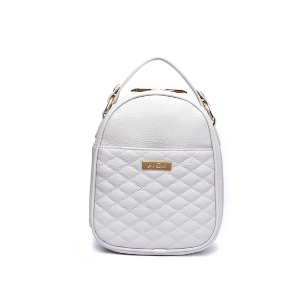 Monaco snack bag in quilted light grey faux leather with top handle and gold hardware