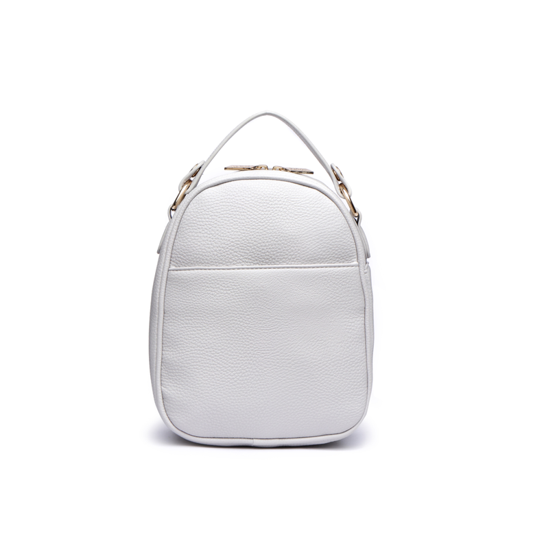 Snack bag with smooth light grey exterior and top carry handle, gold hardware