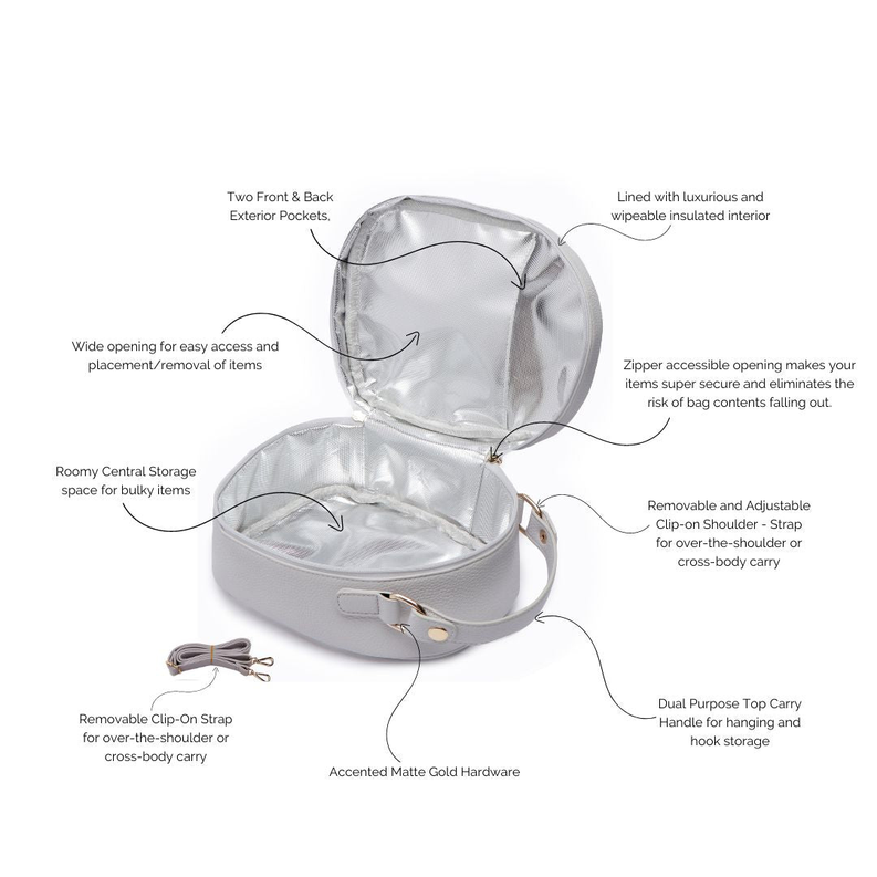 Snack bag with insulated lined interior, zipper opening, adjustable crossbody strap, gold hardware