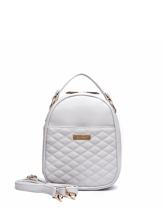 Quilted light grey snack bag with top handle and detachable crossbody strap, gold details