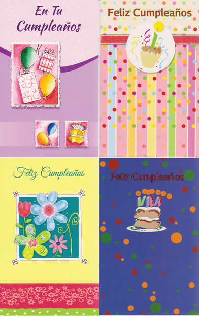 Set of 24 Spanish birthday greeting cards with colorful illustrated designs and envelopes