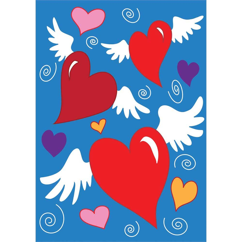 Heart-themed decorative print with red, pink, and purple hearts and white wing shapes
