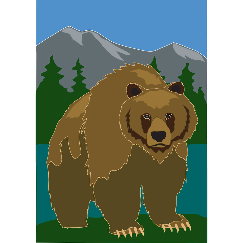 Grizzly bear standing graphic illustration with forest and mountains background
