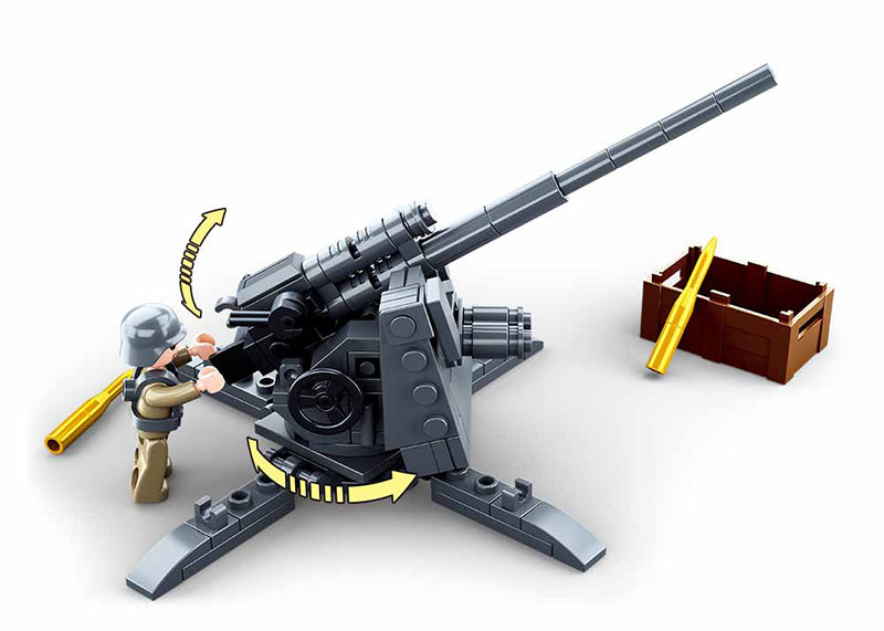 Anti-tank gun brick kit with gray launcher, soldier figure, and brown ammo boxes
