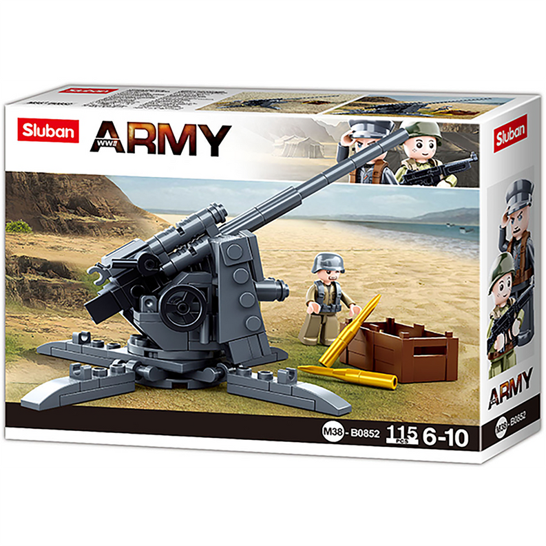 Sluban Army anti-tank gun kit box, 115 pcs, with soldier and gun artwork
