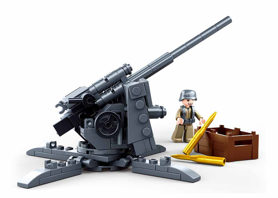 Anti-tank gun brick kit model with soldier figure, yellow shells, and brown ammo crates